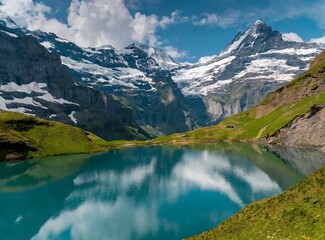 Bachalpsee Lake panorama in summer, Grindelwald, Switzerland