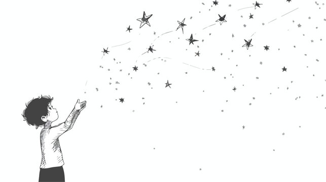 Vector line art of child catching stars.single line 