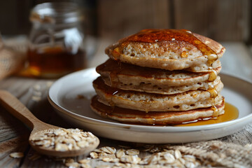 Homemade Oatmeal Pancakes with Maple Syrup Drizzle on a Rustic Wooden Table