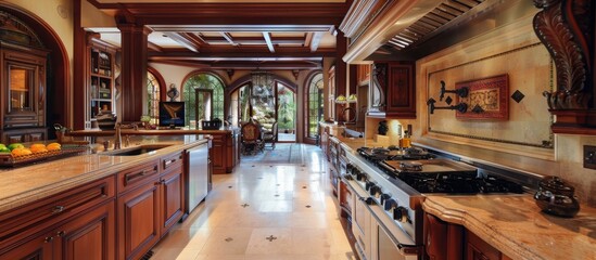 Gourmet kitchen features top-of-the-line appliances and custom cabinetry for culinary enthusiasts. 