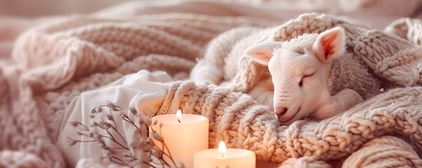 Fototapeta na wymiar Cute little lamb sleeps on a knitted wool blanket. Card for a newborn. Christ is risen. Nursery print. Light pastel pink background, soft cozy candle light. Delicate design. Hygge style