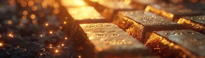 Macro shot of gold bars with water drops and bright lights in the background