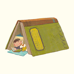 Boy book and dog. children and education concept. watercolor cartoon.