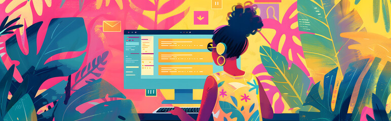 vector illustration of a person operating a laptop pc image for web banner