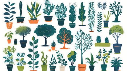 Vector set of flat illustrations of plants trees leave