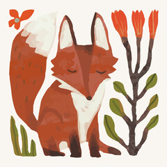 Red fox. Animal wildlife watercolor illustration.