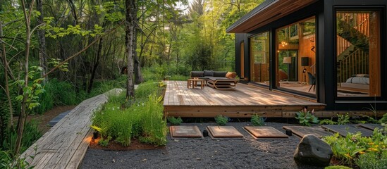 Landscaped gardens with native plants and outdoor seating areas complement the cabin's natural surroundings. 