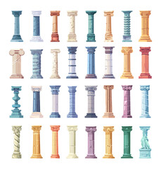 Columns cartoon vector set. Ancient greek roman stone marble granite capitals architecture elements highlighted on white background