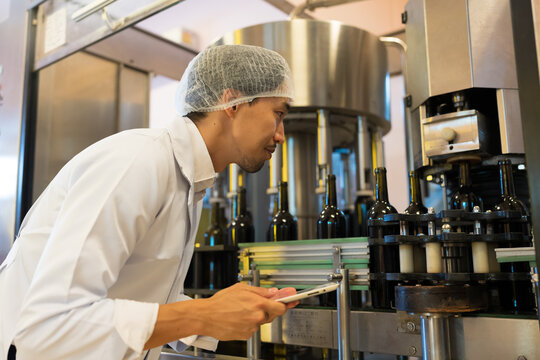 Winemaker working with digital tablet near line of conveyor during manufacturing in winery factory. Male winemaker worker working in winery factory