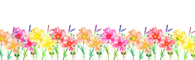 Banner con fila di allegri fiorellini multicolore, illustraione isolata su sfondo bianco