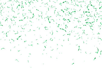 Green confetti, falling paper ribbons isolated on white background. Birthday party decoration. Vector illustration.
