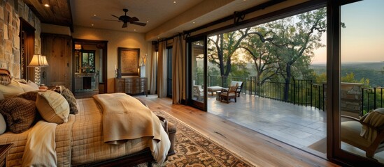 Master suite offers a luxurious retreat with a private balcony overlooking scenic landscapes