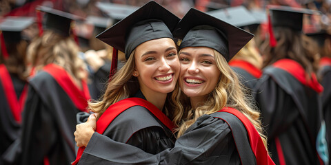Graduate girls wearing black gowns and caps hug one another after the ceremony.