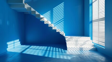 blue  room with stairs and sunlight coming through the window, Blurred backdrop