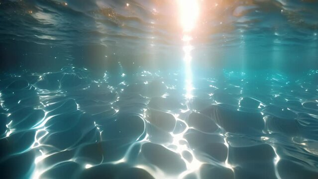 Aerial view from above to below the water surface of the swimming pool. Flying camera over water 4k