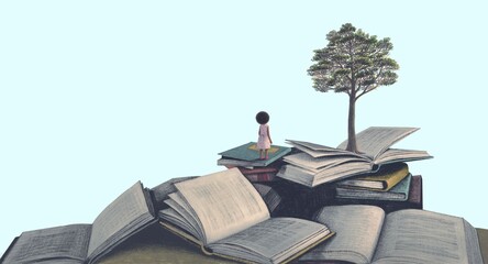 Books girl and tree. Conceptual art of education children dream hope and imagination. concept art. surreal painting. - obrazy, fototapety, plakaty