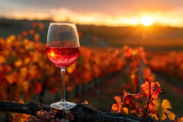 Grape brushes and a glass of red wine against the backdrop of a vineyard and a beautiful sunset.