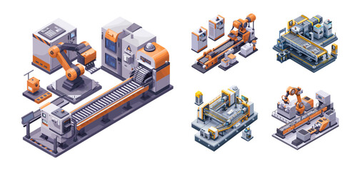 Conveyor production line isometric set. Automated manufacturing heavy industry robots manipulators stream vector illustrations isolated on white background - obrazy, fototapety, plakaty