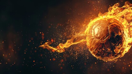 Football ball with fire in flight on a dark background
