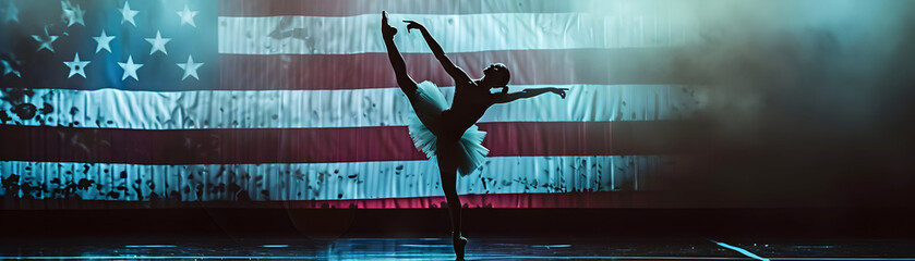 Ballet Dancer's Silhouette Against American Flag Backdrop