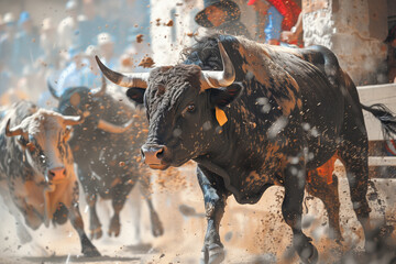 Running of the bulls in a traditional bullfighting festival in full action in the dust, with people watching from the barriers in bokeh