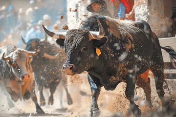 Muurstickers Running of the bulls in a traditional bullfighting festival in full action in the dust, with people watching from the barriers in bokeh © Gorka Vega Barbero