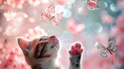 A kitten is reaching up to catch butterflies Generative AI.