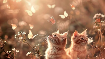 Two kittens looking at butterflies in a field Generative AI. - obrazy, fototapety, plakaty