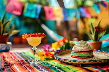 Cinco de Mayo,Mexican colorful summer fiesta party,sombrero hat,maracas margarita cocktail,table colorful Mexican decorations. With the exotic beach "Cinco de Mayo" as a backdrop,mexican banner.