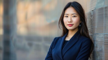 Obraz premium A portrait of an Asian girl in business attire, showcasing professional and corporate fashion.