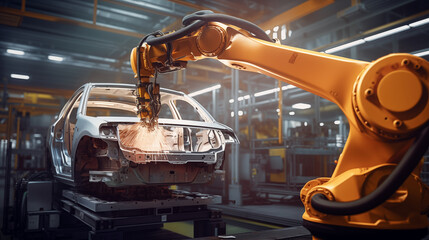 A robotic arm welds a car chassis on the assembly line, epitomizing precision and efficiency in modern automobile manufacturing. - obrazy, fototapety, plakaty
