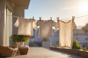 Baby clothes hanging on rope on balcony in spring. Washing and drying newborn baby clothes