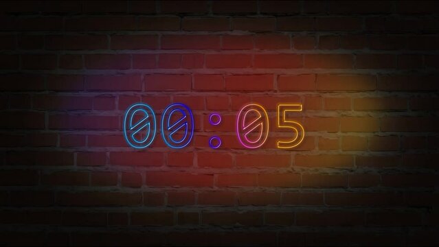 Neon Countdown Timer on Brick Wall Background from 00:00 to 00:10 then 00:10 to 00:00