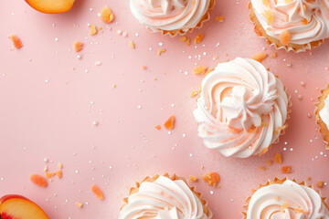 homemade vanilla peach cupcakes on pastel pink background - obrazy, fototapety, plakaty