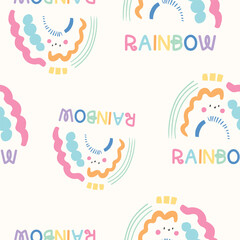 Cute colorful rainbow and flowers seamless print pattern graphic tee design for kids market as vector