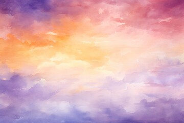 Sunset Sky with Orange and Purple Puffy Clouds Rainbow Colorful Abstract Watercolor Background