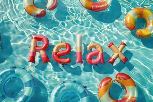serene pool scene with  relax spelled out on inflatable floats on a sunny day, summer vibe 