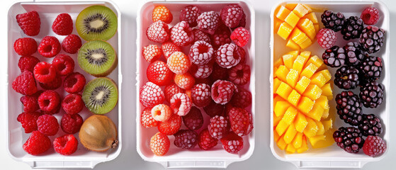 assorted frozen fruits organized in containers from overhead for healthy eating concept - obrazy, fototapety, plakaty