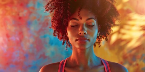 Close up portrait of charming sensual afro american woman doing yoga, healthy life concept, professional photo, free space for text, banner, blurred saturated color background