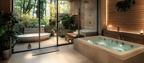 Spa-like bathrooms feature soaking tubs, rain showers, and natural materials for a serene ambiance. 