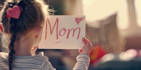 A young girl holding a card that says "Mom" in red marker