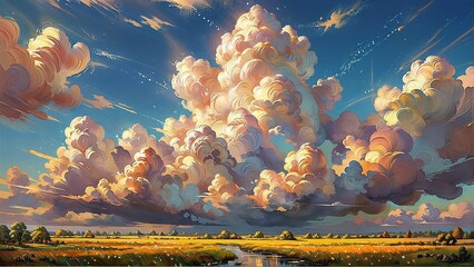 A painting featuring a flowing river under cloudy skies - obrazy, fototapety, plakaty