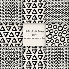 Hand drawn marker and ink seamless patterns. Hand drawn, triangles, dots, circles. Scribble for children