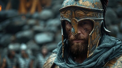 Obraz premium Portrait of a man in a Spartan helmet and cloak
