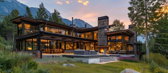 Timber frame construction and natural materials blend seamlessly with the mountain environment. 