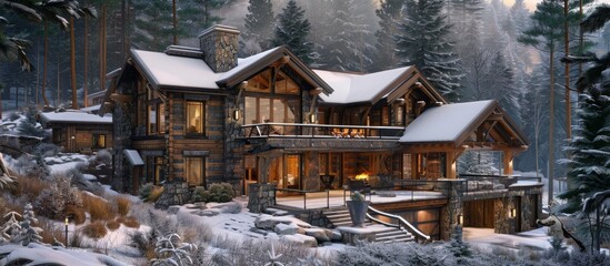 Timber frame construction and natural materials blend seamlessly with the mountain environment. 
