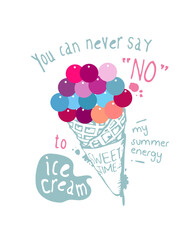 ice cream slogan with hand drawn ice cream cone and colorful sequins vector illustration 