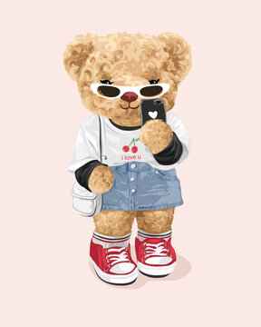 cute girly bear doll in sunglasses taking selfie hand drawn vector illustration