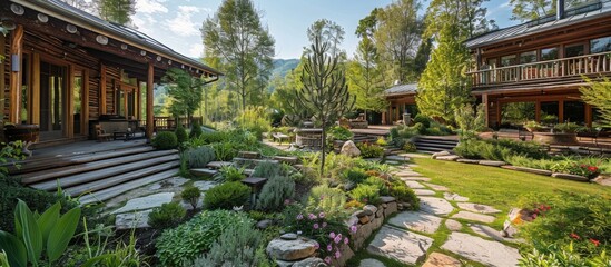 Tranquil gardens and landscaped grounds enhance the serene atmosphere of the luxury mountain cabin. - obrazy, fototapety, plakaty