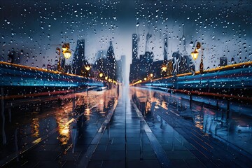 City lights during a rainy night. Raindrops blur the image into a mesmerizing pattern. The cityscape is lit up with a myriad of colors The reflections on the wet street create a dreamlike atmosphere.